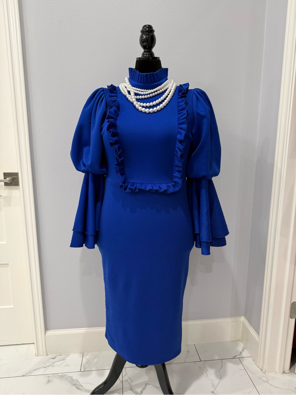 Royal Blue Ruffle Mock Neck Women's Dress